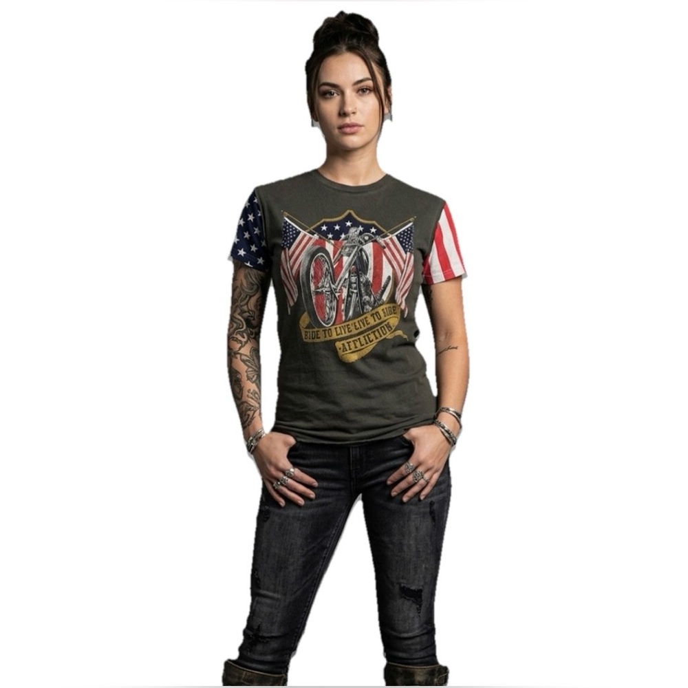 Affliction Ride to Live Live to Ride Women’s Grey Graphic T-Shirt Size Small